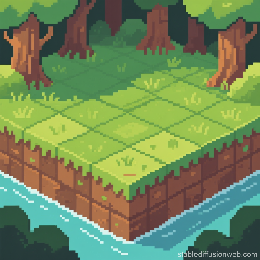 Retro Pixel Art Forest Tile with Grass and Trees