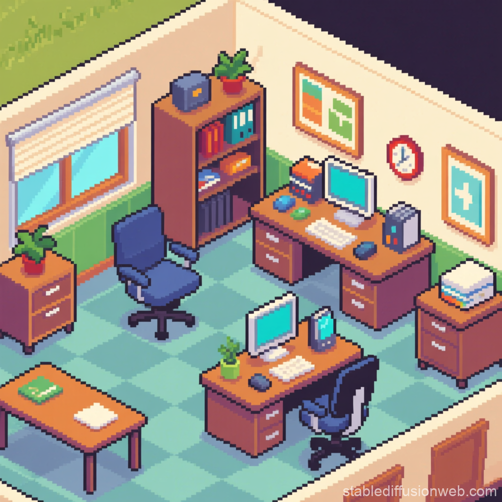 Retro Pixel Art Office Interior