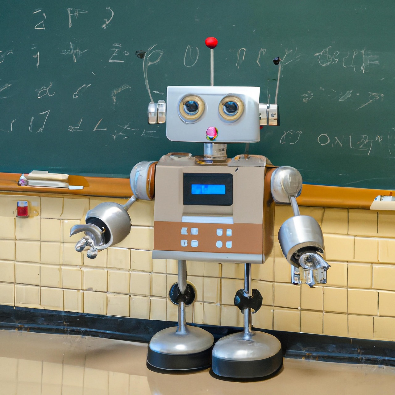Retro Robot Standing in Classroom with Chalkboard