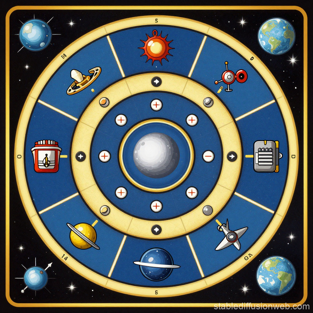 Retro Space-Themed Board Game Map with Planets and Spacecraft