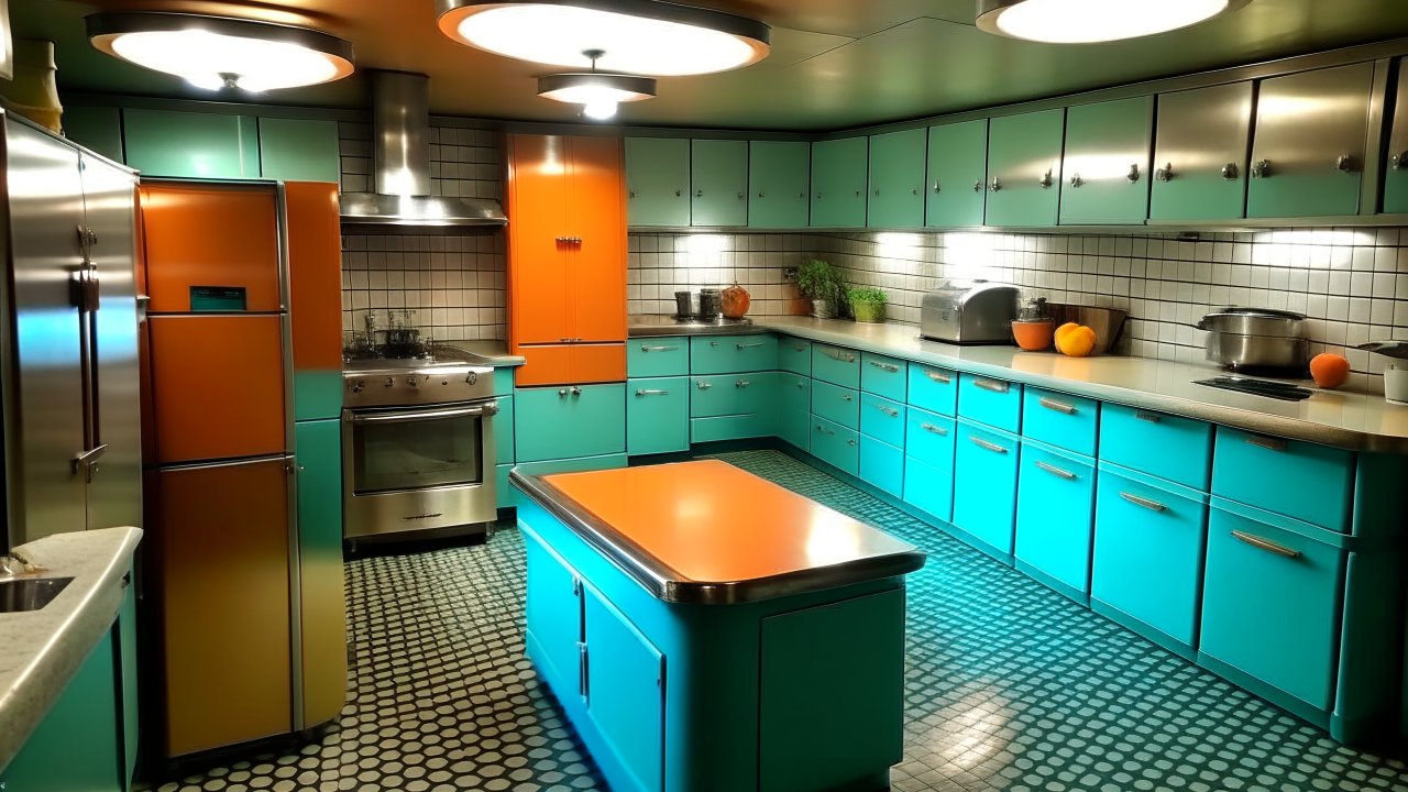 Retro Style Kitchen with Vibrant Orange and Turquoise Cabinets