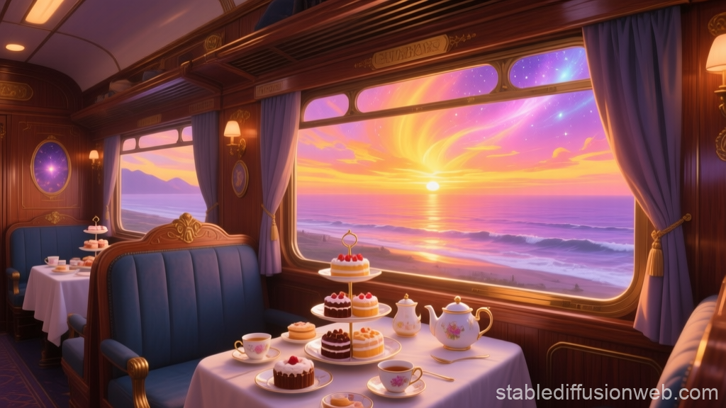 Retro Train Cabin with Elegant Tea Setup at Sunset