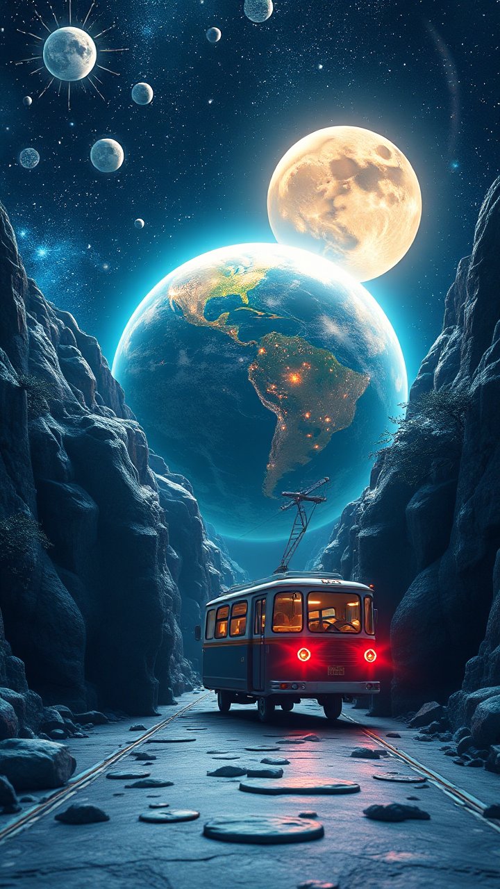Retro Tram Journey Through Cosmic Canyon