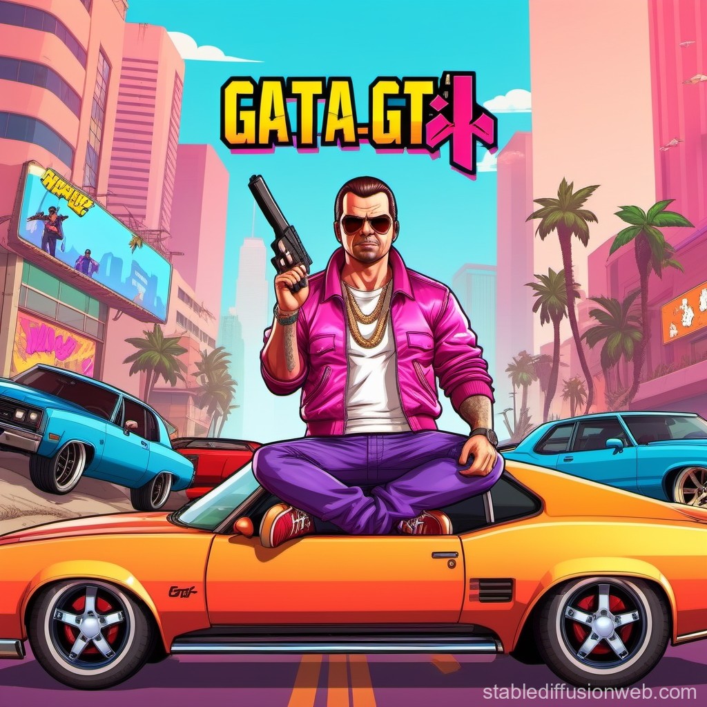 Retro Urban Action Hero Sitting on Muscle Car