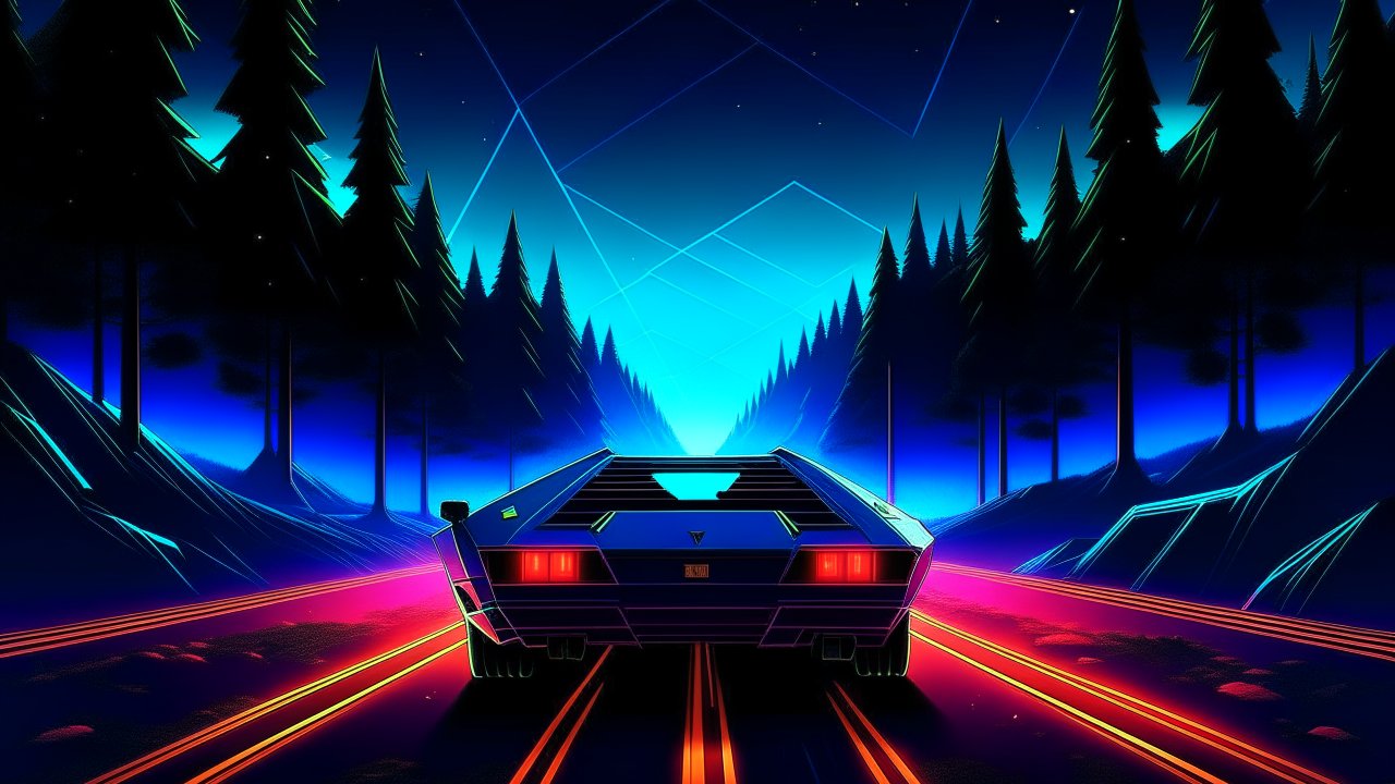 Retrowave Car Driving Through Neon Forest at Night