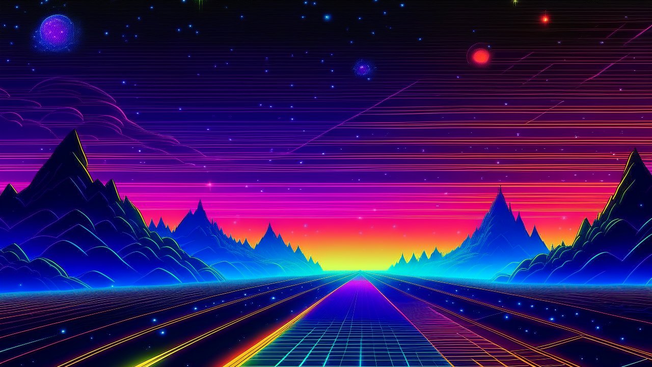 Retrowave Neon Landscape with Starry Sky