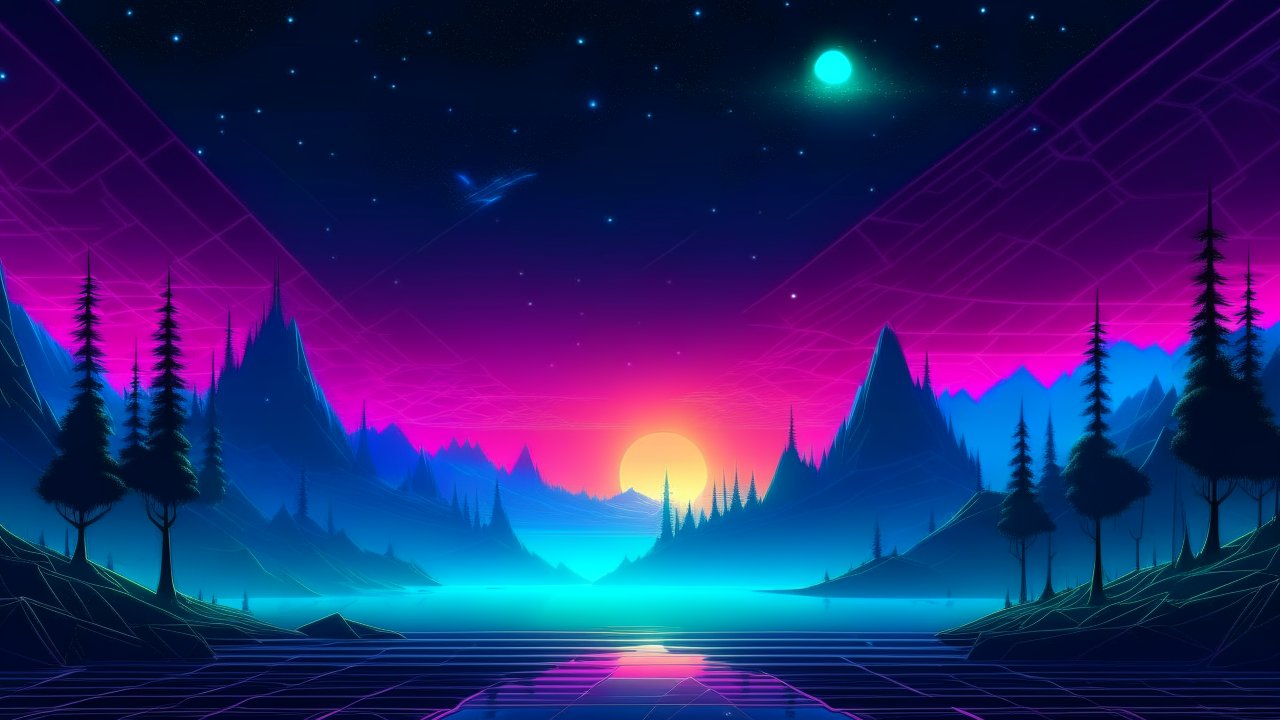 Retrowave Neon Sunset Over Futuristic Mountain Lake