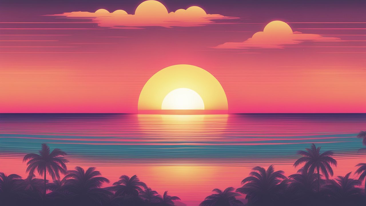 Retrowave Sunset Over Ocean with Palm Silhouettes