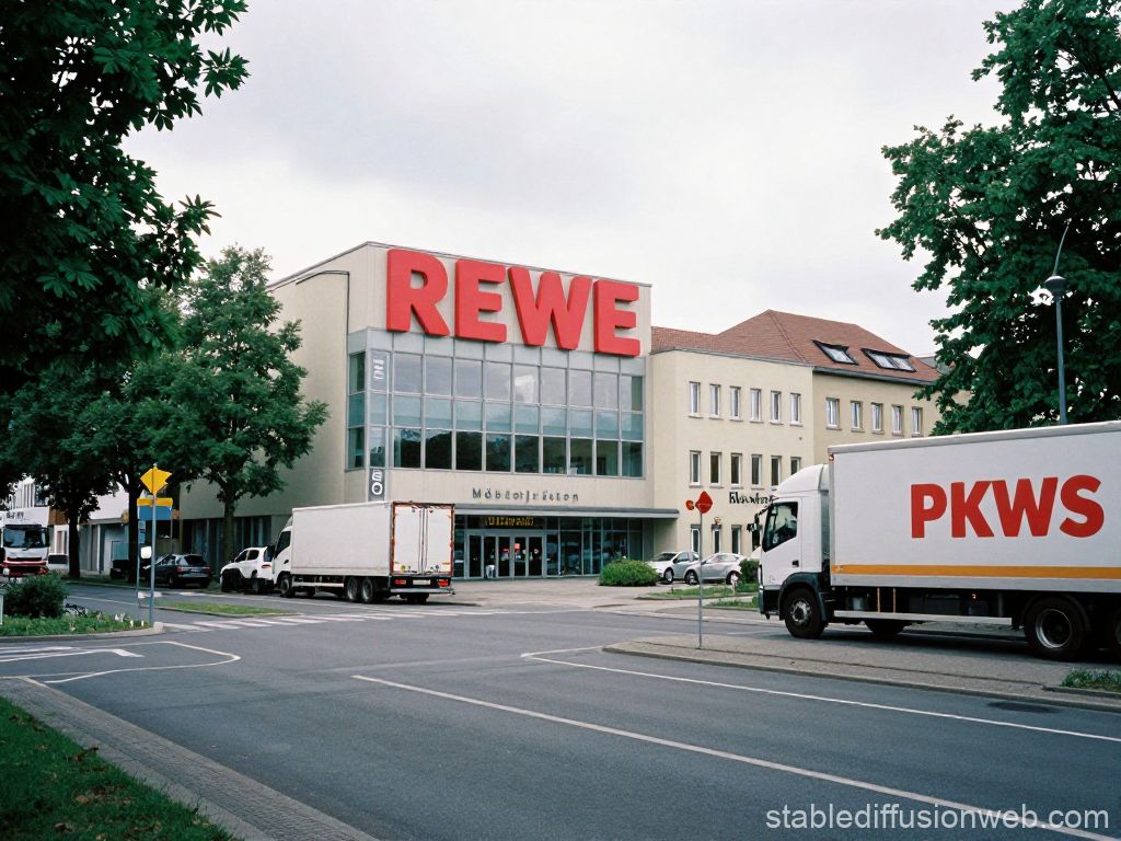 REWE Supermarket with Delivery Trucks on Urban Street