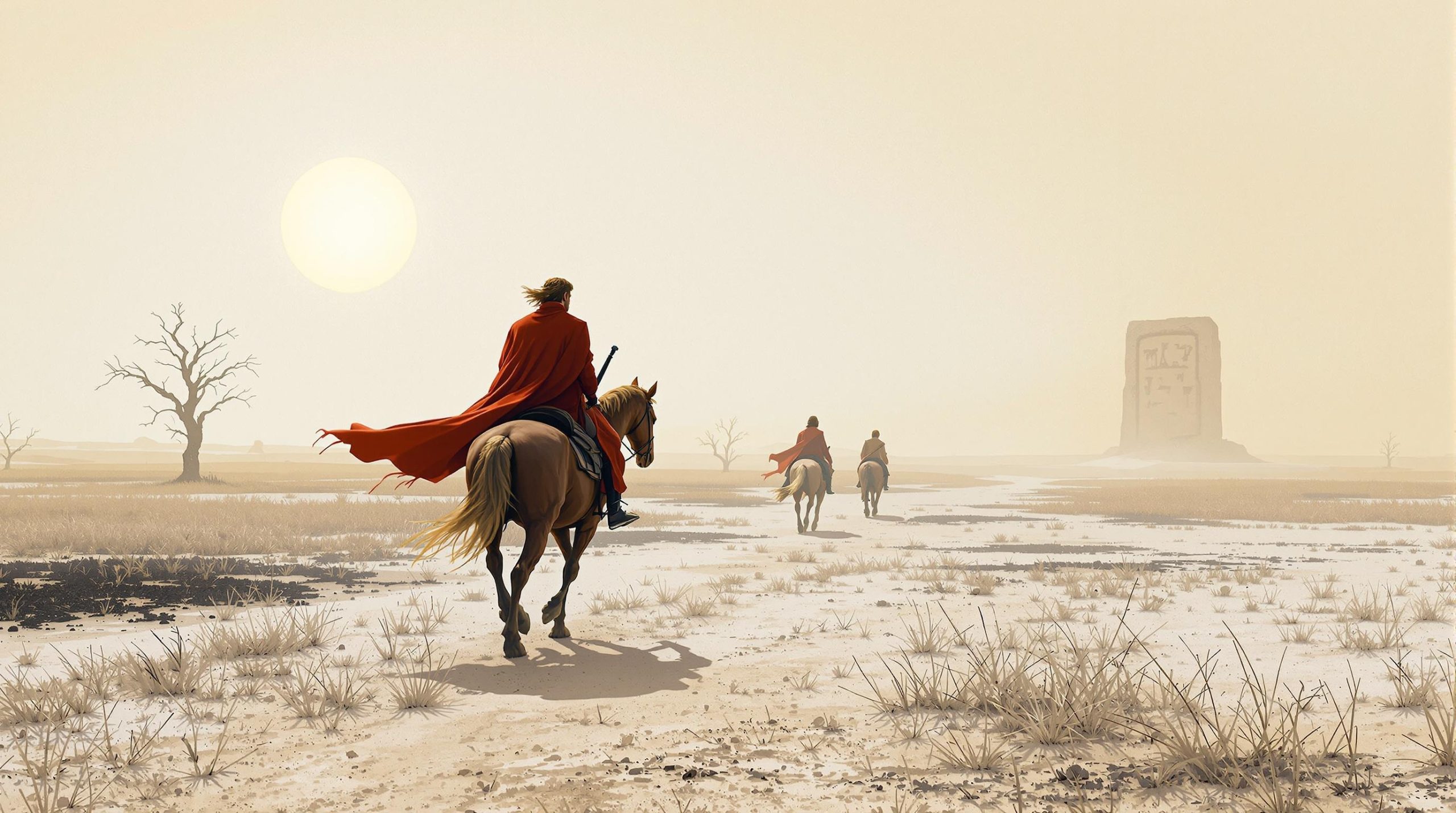 Riders Journeying Through a Misty Desert Landscape