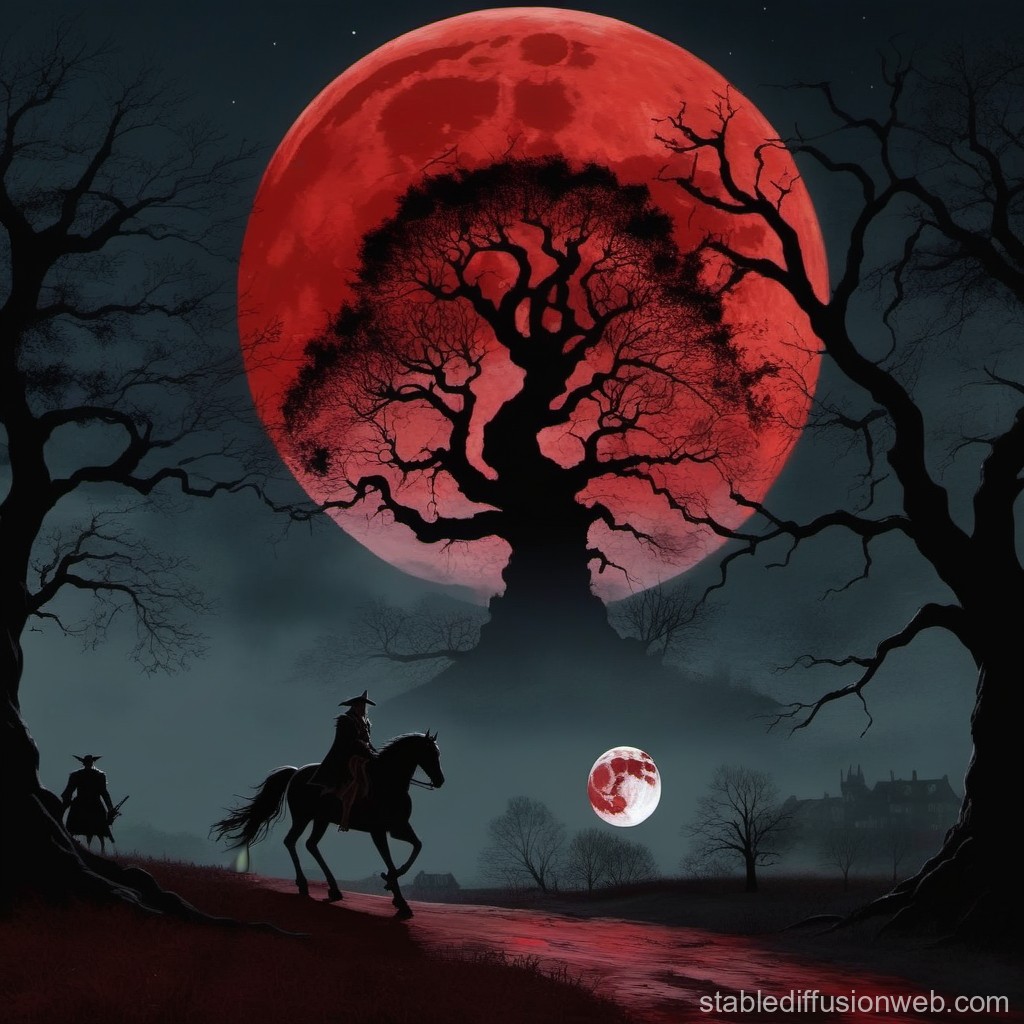 Riders Under the Blood Moon with Enchanted Tree