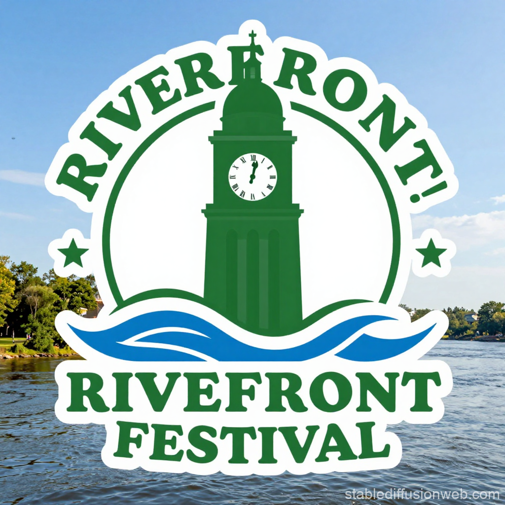 Riverfront Festival Logo with Clock Tower and Waves