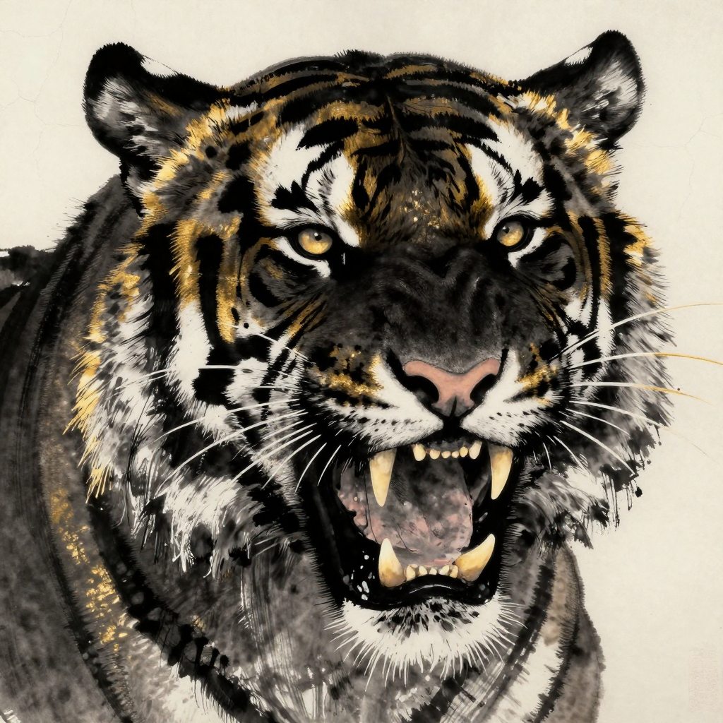 Roaring Black Tiger in Sumi-e Style
