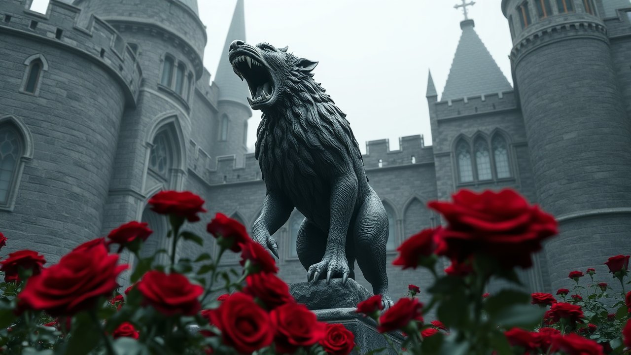 Roaring Wolf Statue in Castle Courtyard with Red Roses