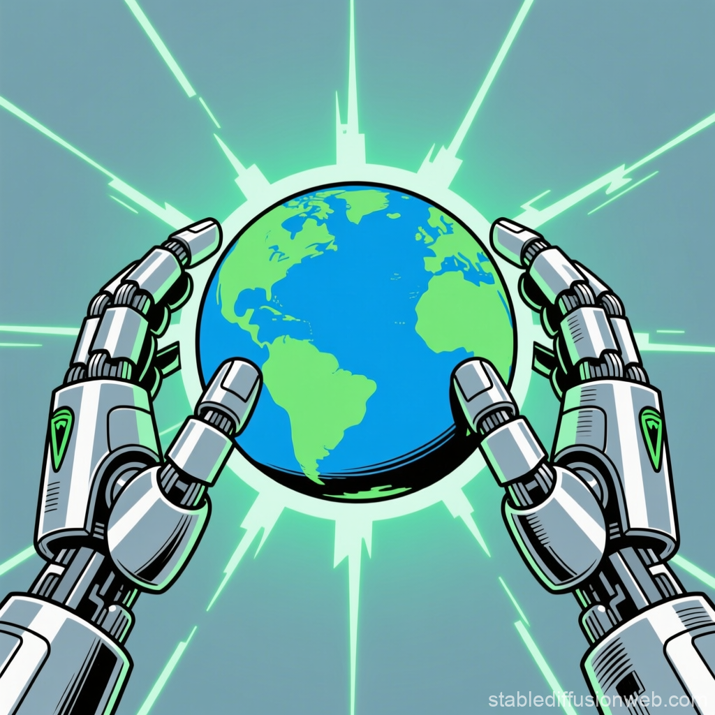 Robot Hands Holding Earth with Radiant Energy