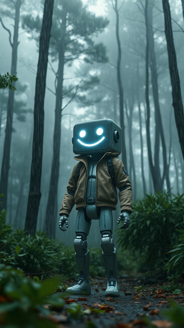 Robot with Smiling Screen Head in Misty Forest