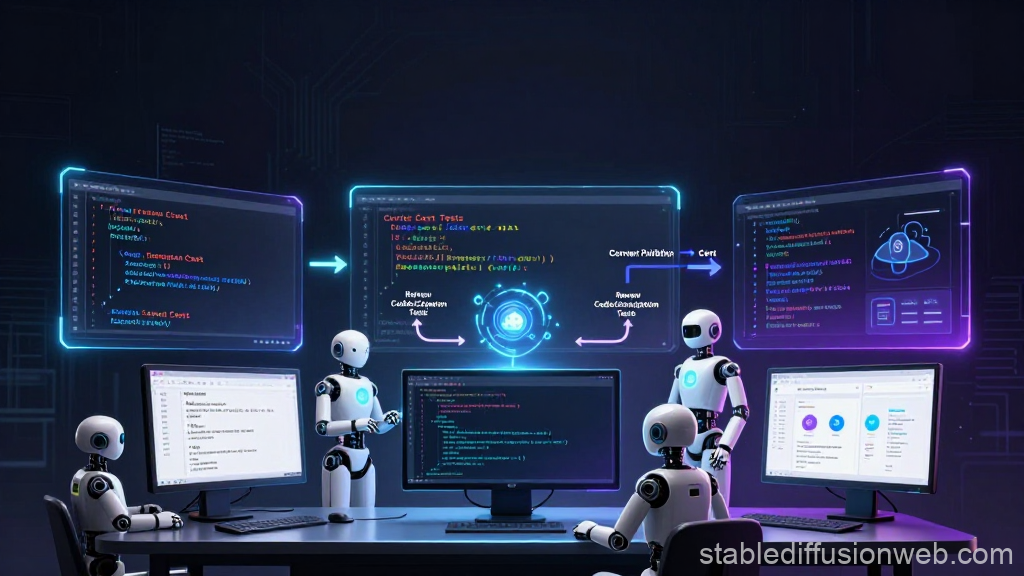Robotic AI Coding Assistants Collaborating in Futuristic Workspace
