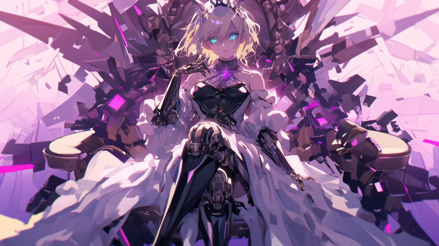 Robotic Android Girl with Glowing Blue Eyes on Futuristic Throne
