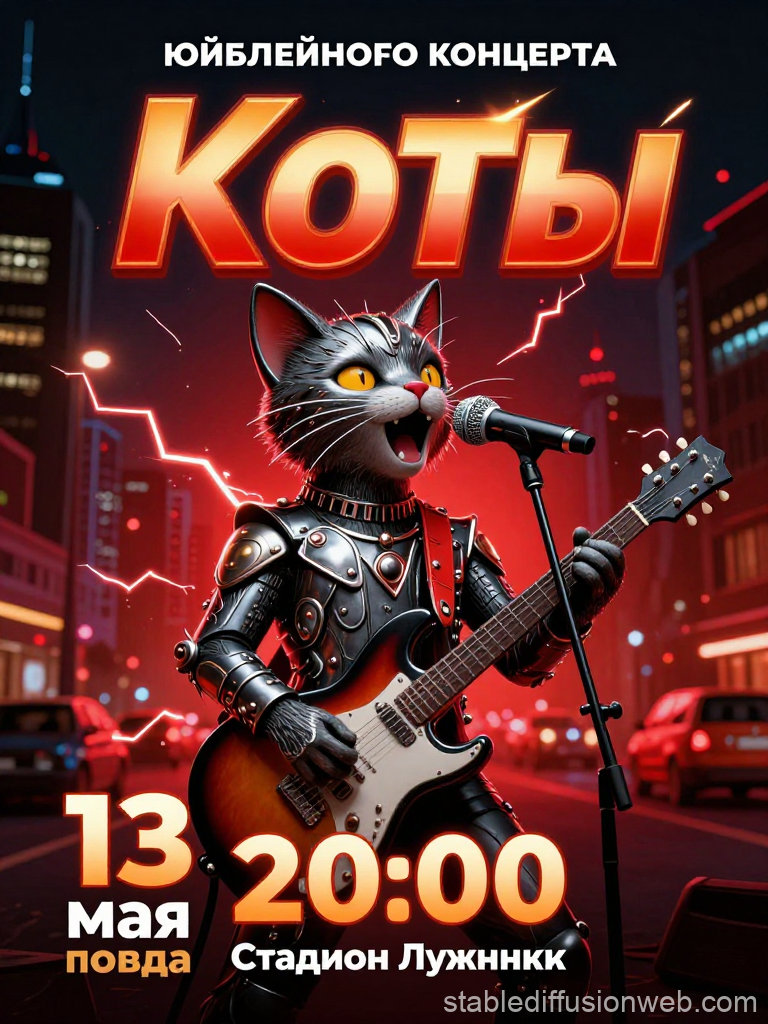 Rock Concert Poster Featuring a Cyberpunk Cat Musician