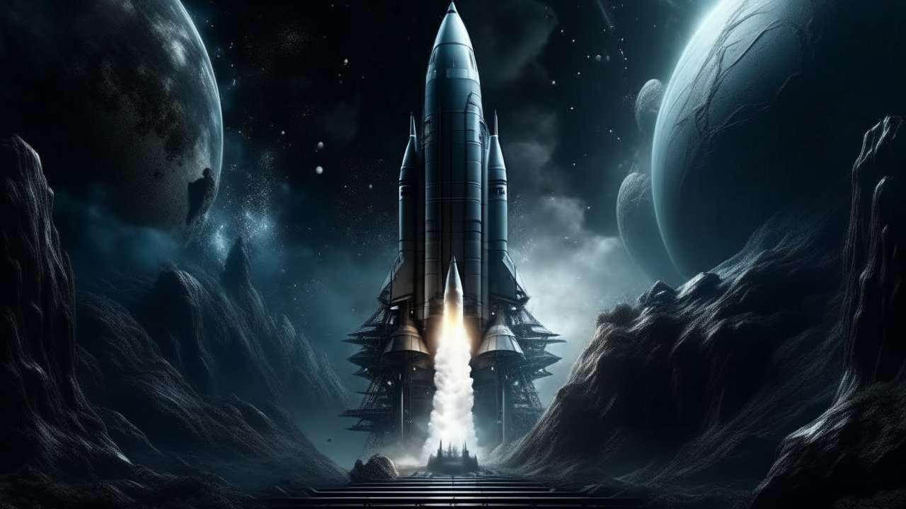 Rocket Launch Amidst Alien Planets in Deep Space