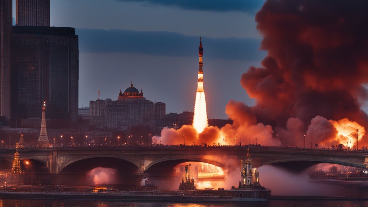 Rocket Launch Over Moscow Skyline at Dusk
