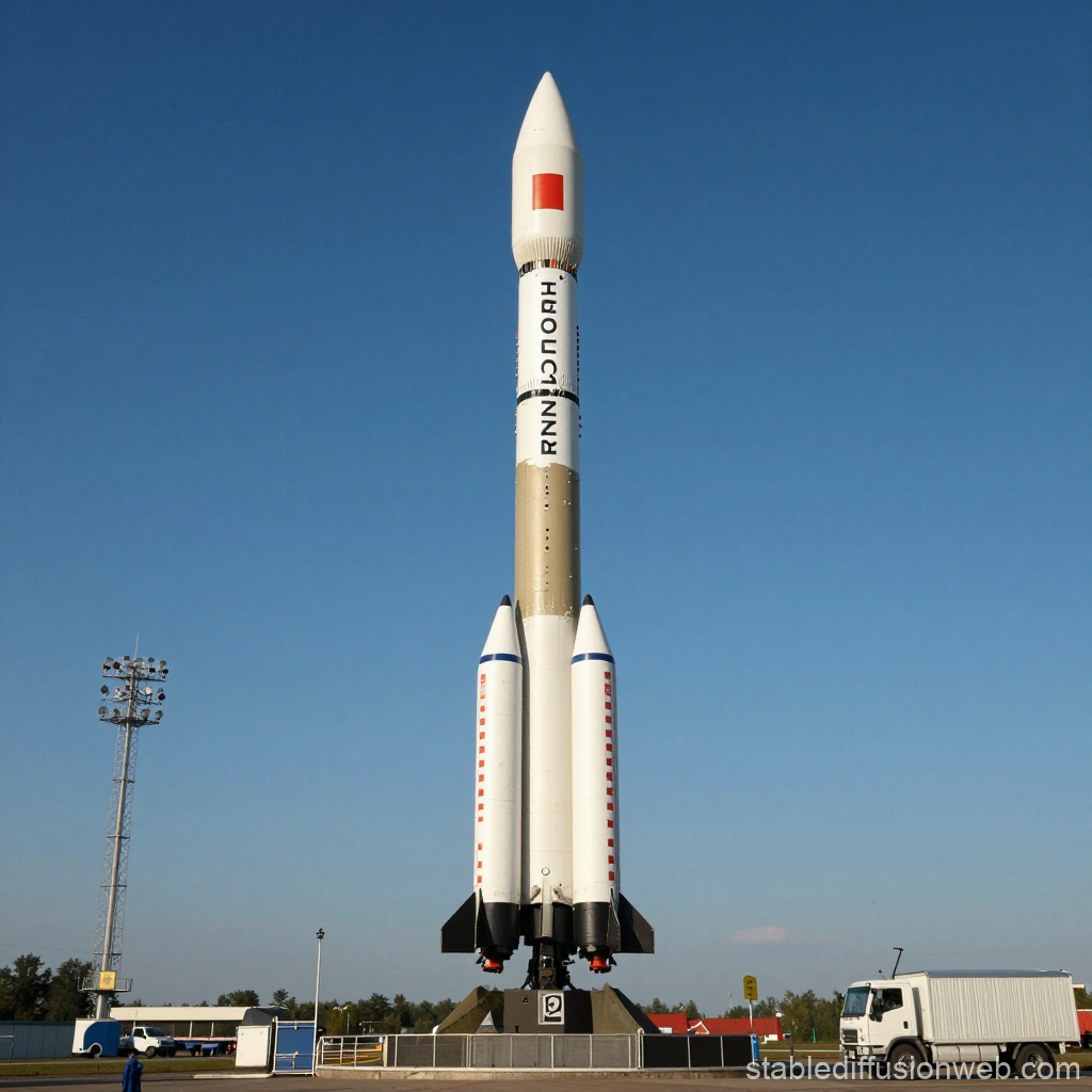 Rocket Standing on Launch Pad Against Clear Blue Sky