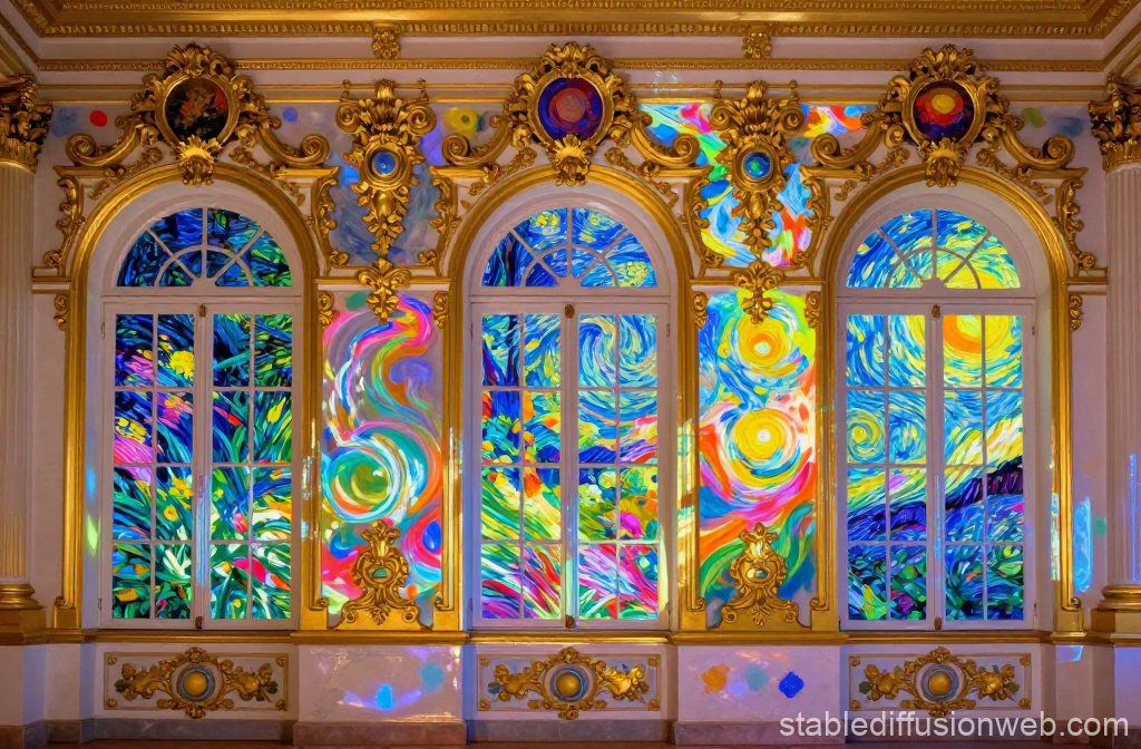 Rococo Palace Wall with Vibrant Stained Glass Windows