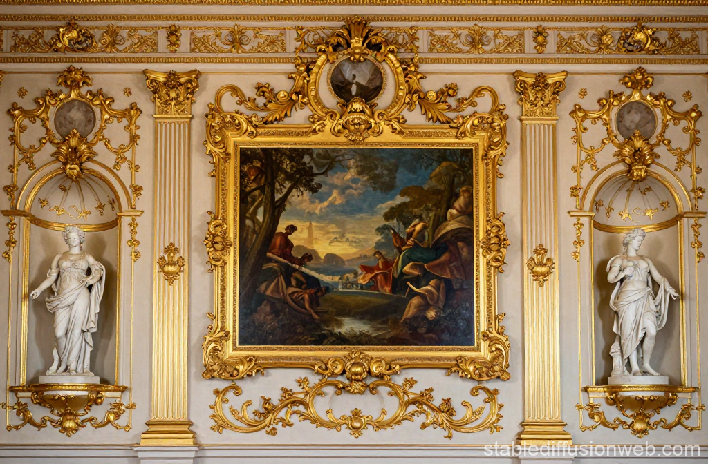 Rococo Wall Elevation with Gilded Frame and Classical Statues