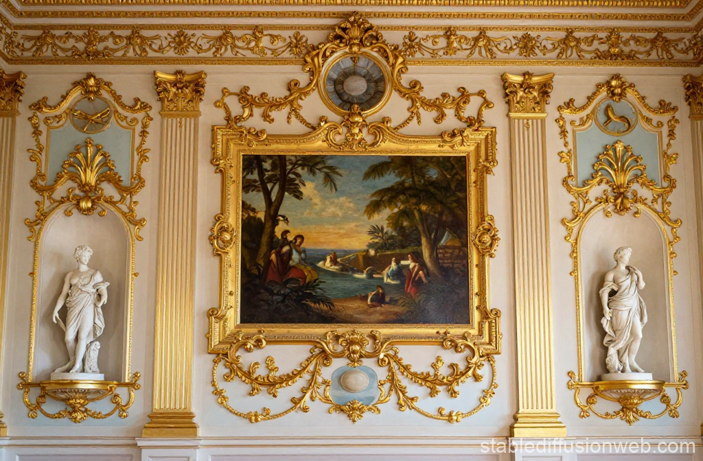 Rococo Wall Elevation with Gilded Ornamentation and Classical Statues