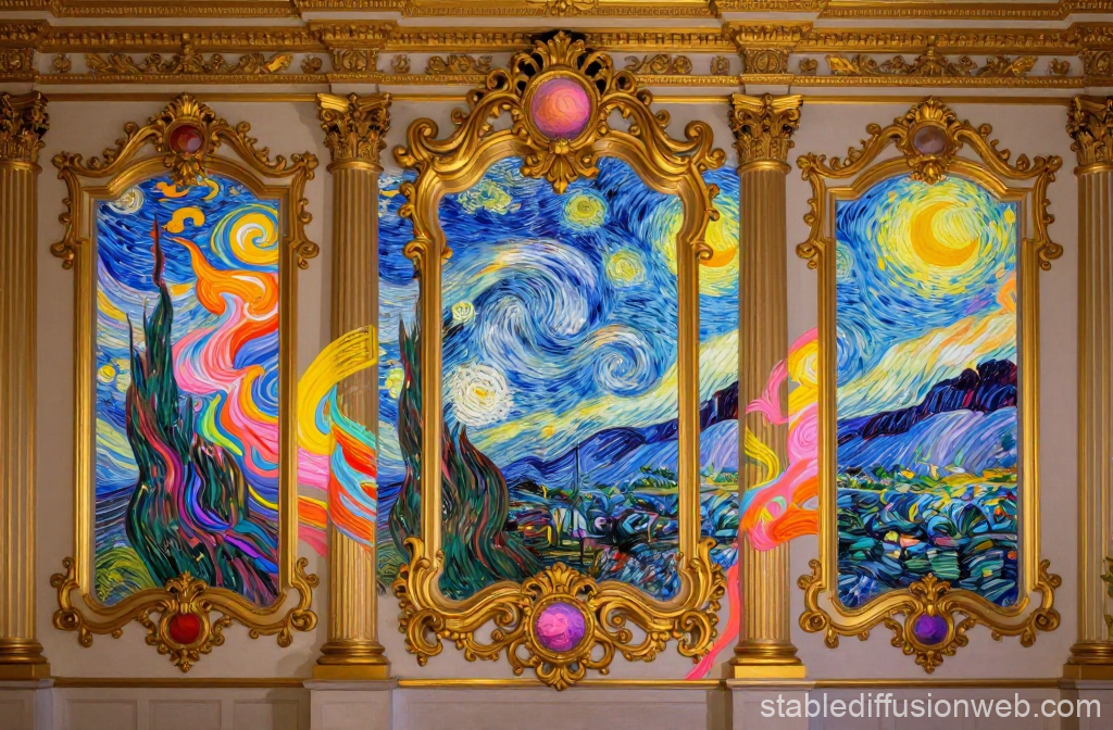 Rococo Wall Panels with Impressionist Starry Night Art