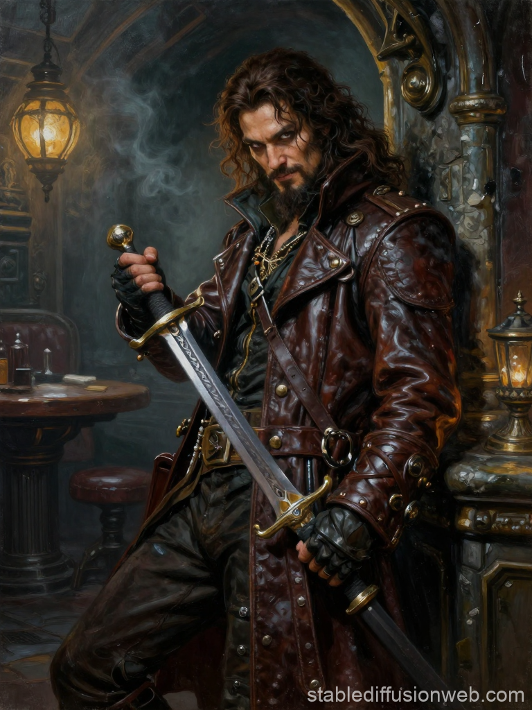Rogue Pirate Trader with Sword in Dimly Lit Tavern
