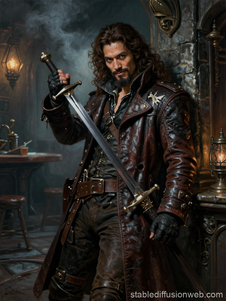 Rogue Pirate Trader with Sword in Dimly Lit Tavern