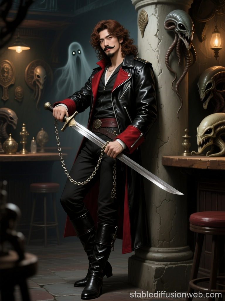 Rogue Trader in Gothic Tavern with Sword and Ghost