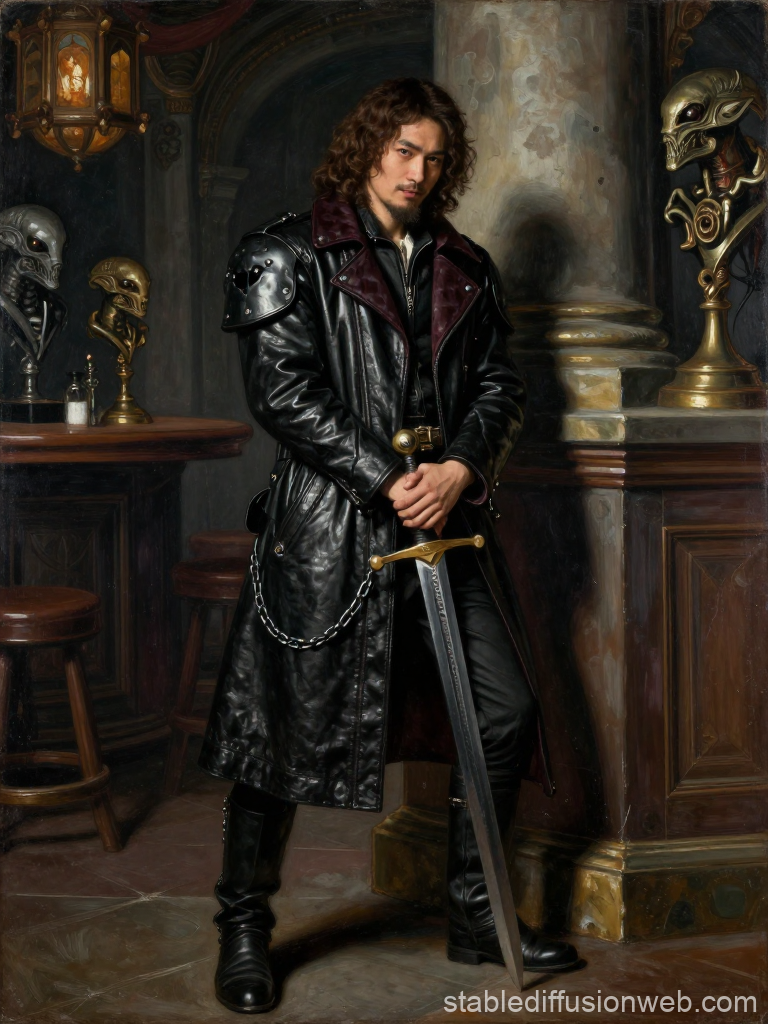 Rogue Trader in Leather Coat Holding Sword