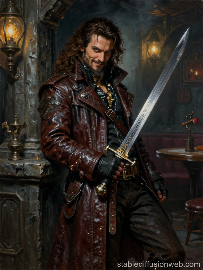 Rogue Trader with Sword in Dimly Lit Tavern