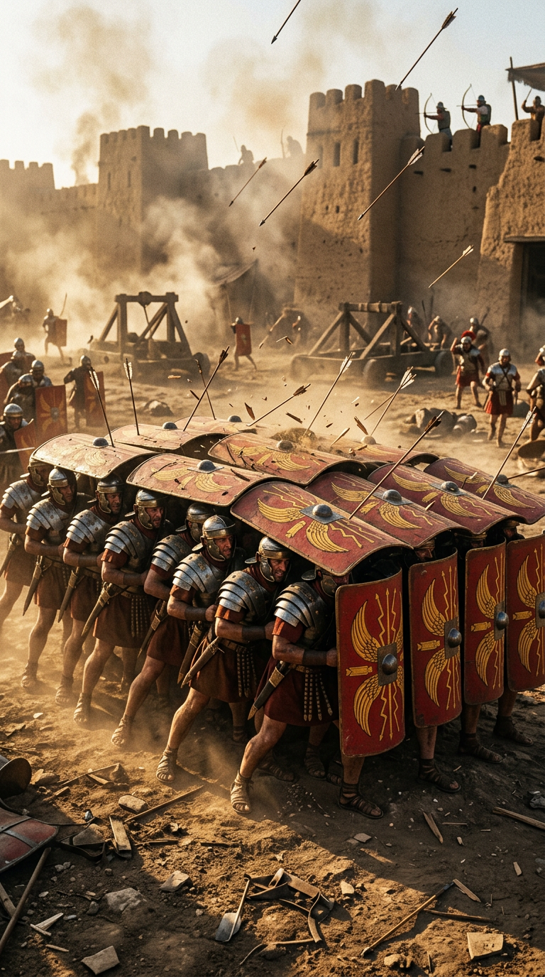 Roman Soldiers in Testudo Formation Under Arrow Barrage