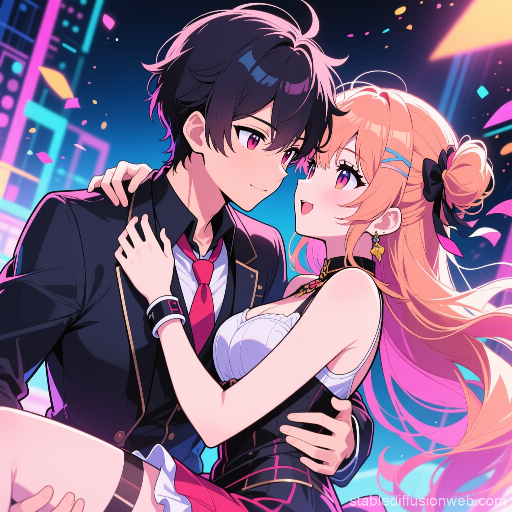 Romantic Anime Couple Embracing in Neon City