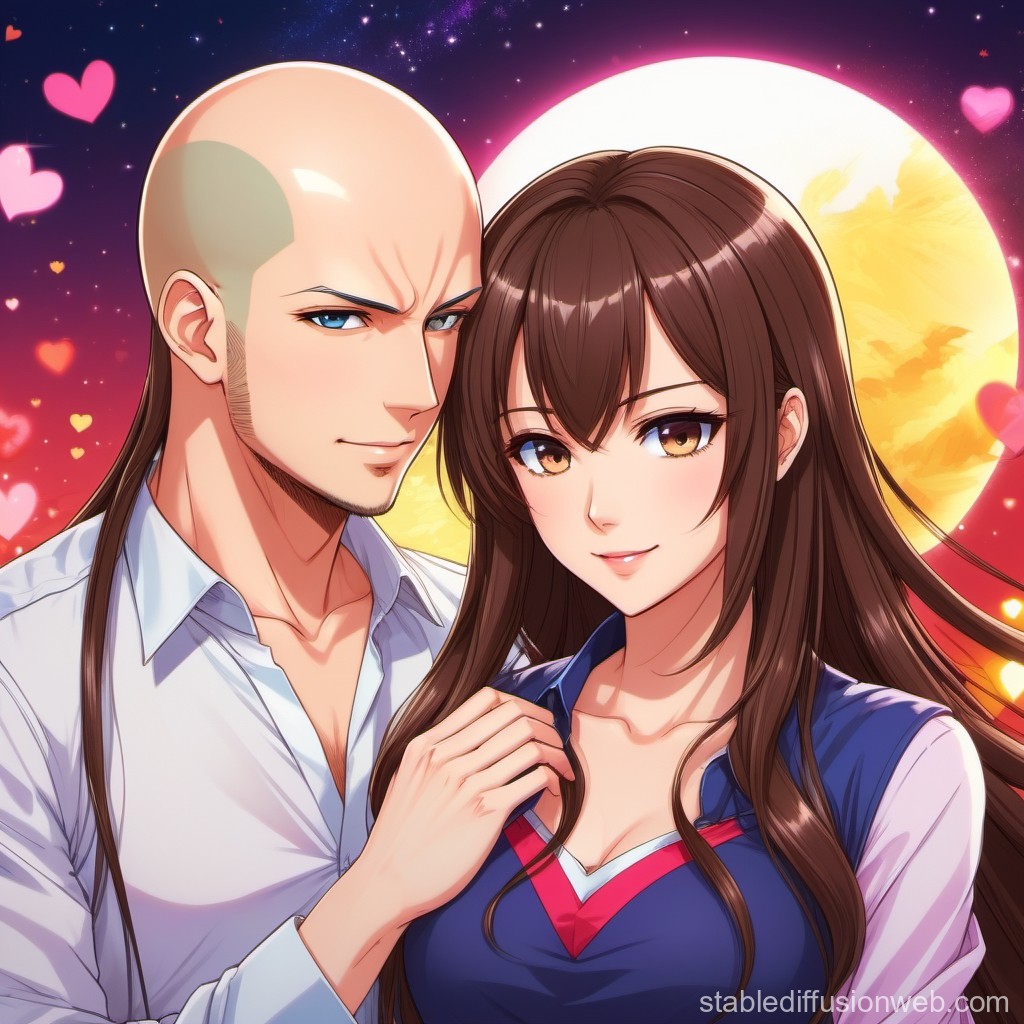 Romantic Anime Couple Under Full Moon