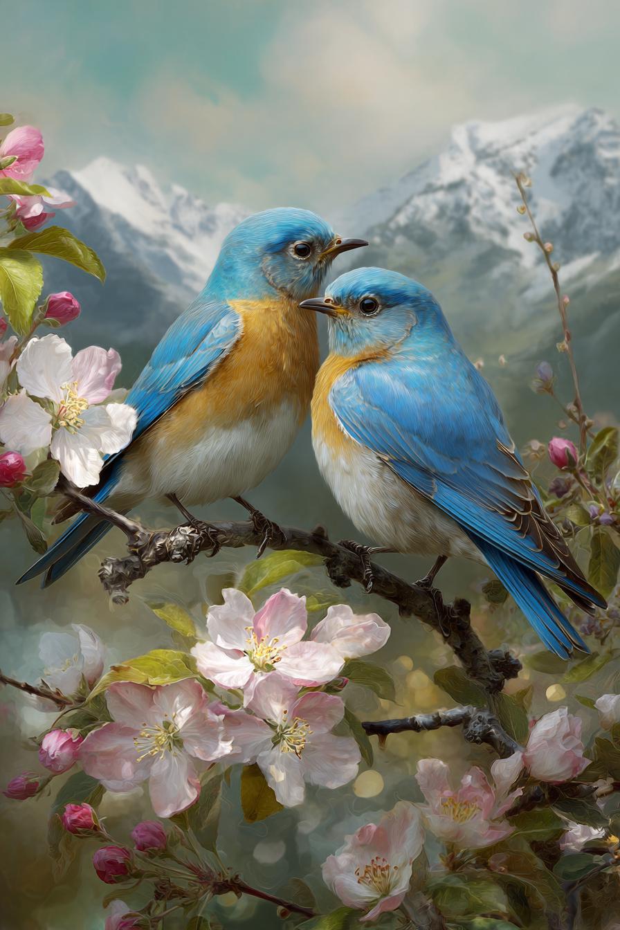 Romantic Bluebirds in Blooming Springtime Landscape