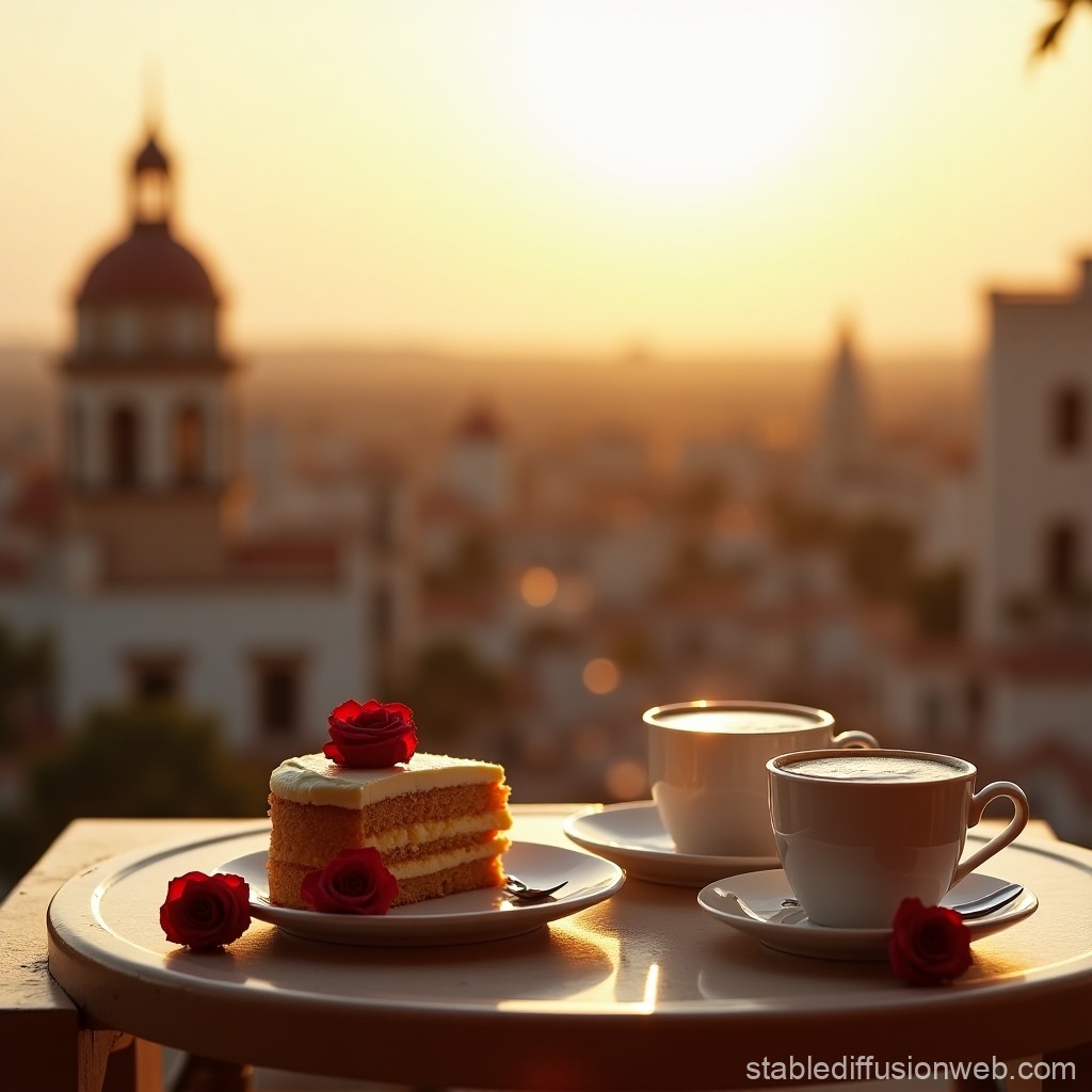 Romantic Coffee and Cake at Sunset with City View