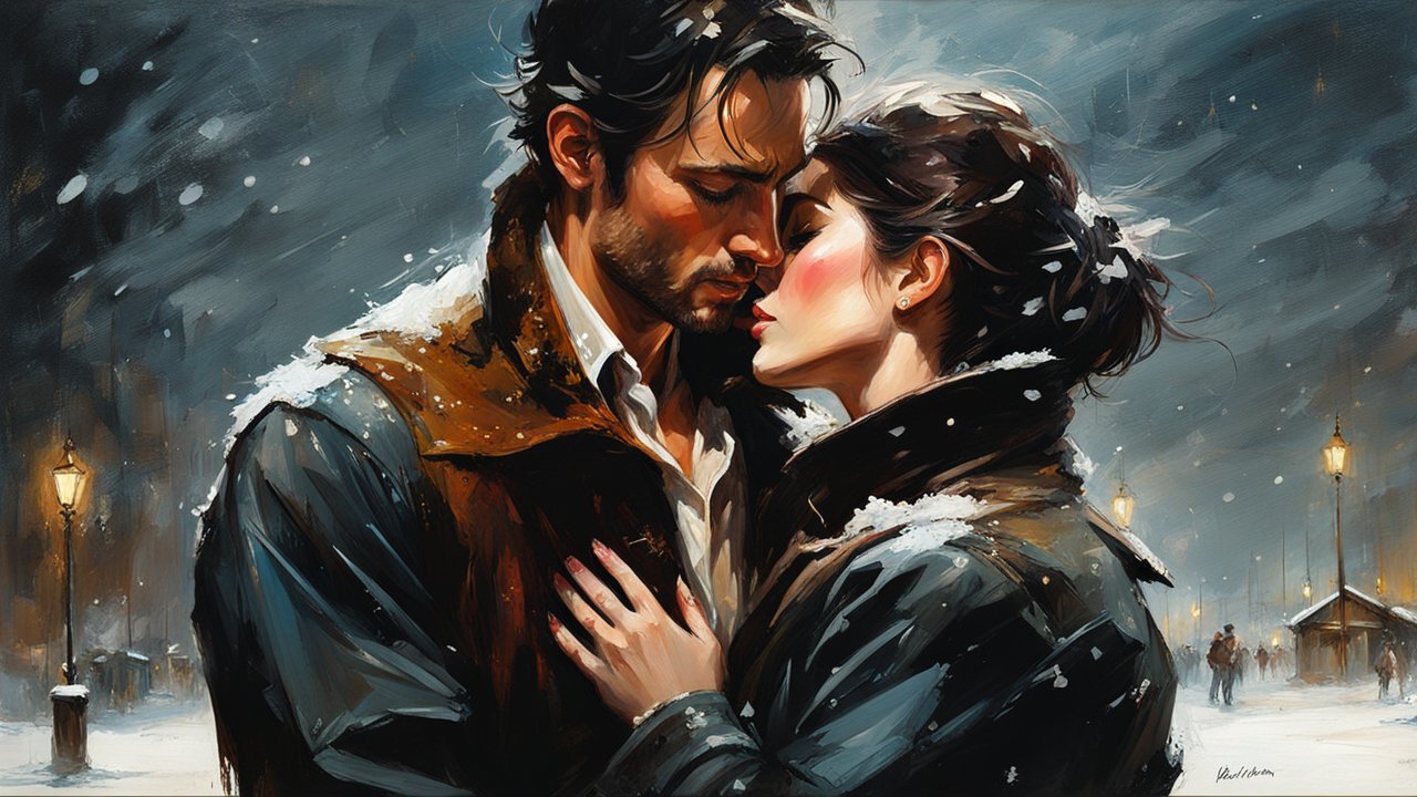 Romantic Couple Embracing in Snowy Winter Night
