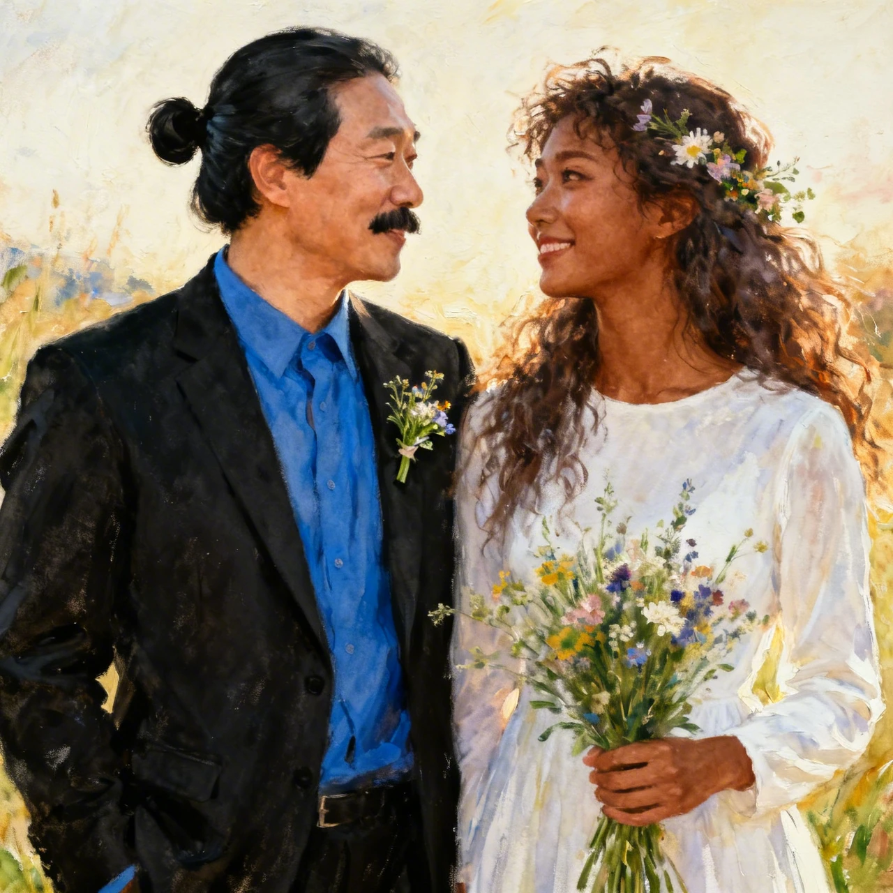 Romantic Couple in Wedding Attire with Wildflower Bouquet