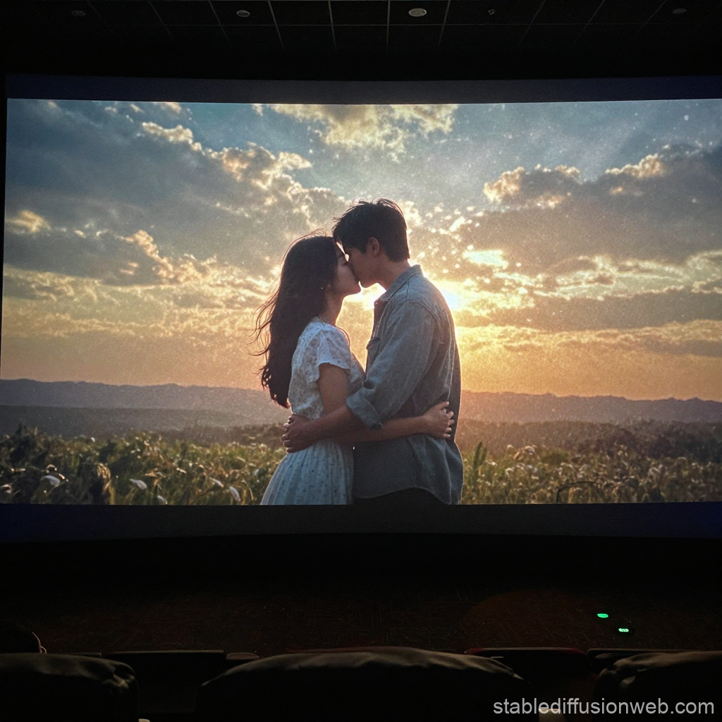 Romantic Couple Kissing at Sunset in a Field