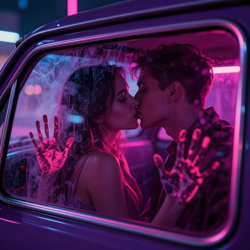 Romantic Couple Kissing Behind Neon-Lit Car Window