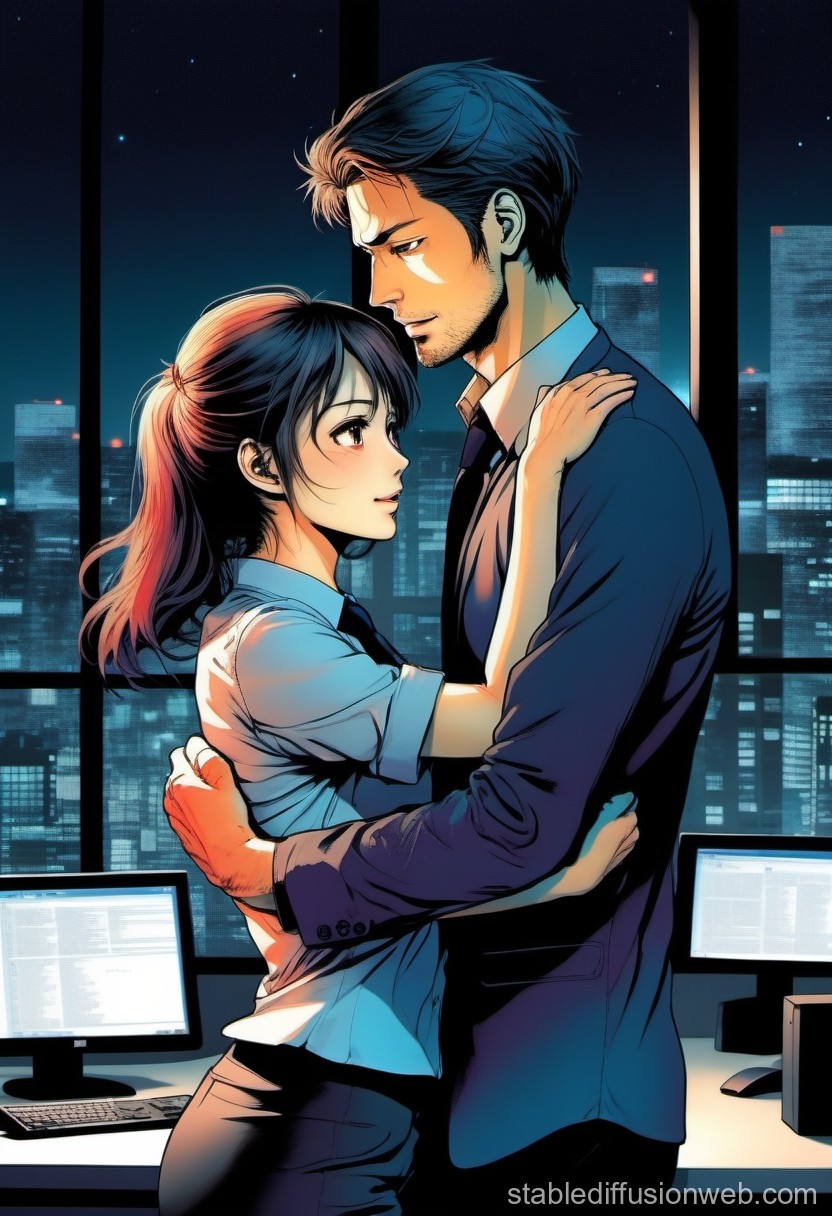Romantic Embrace in Office at Night