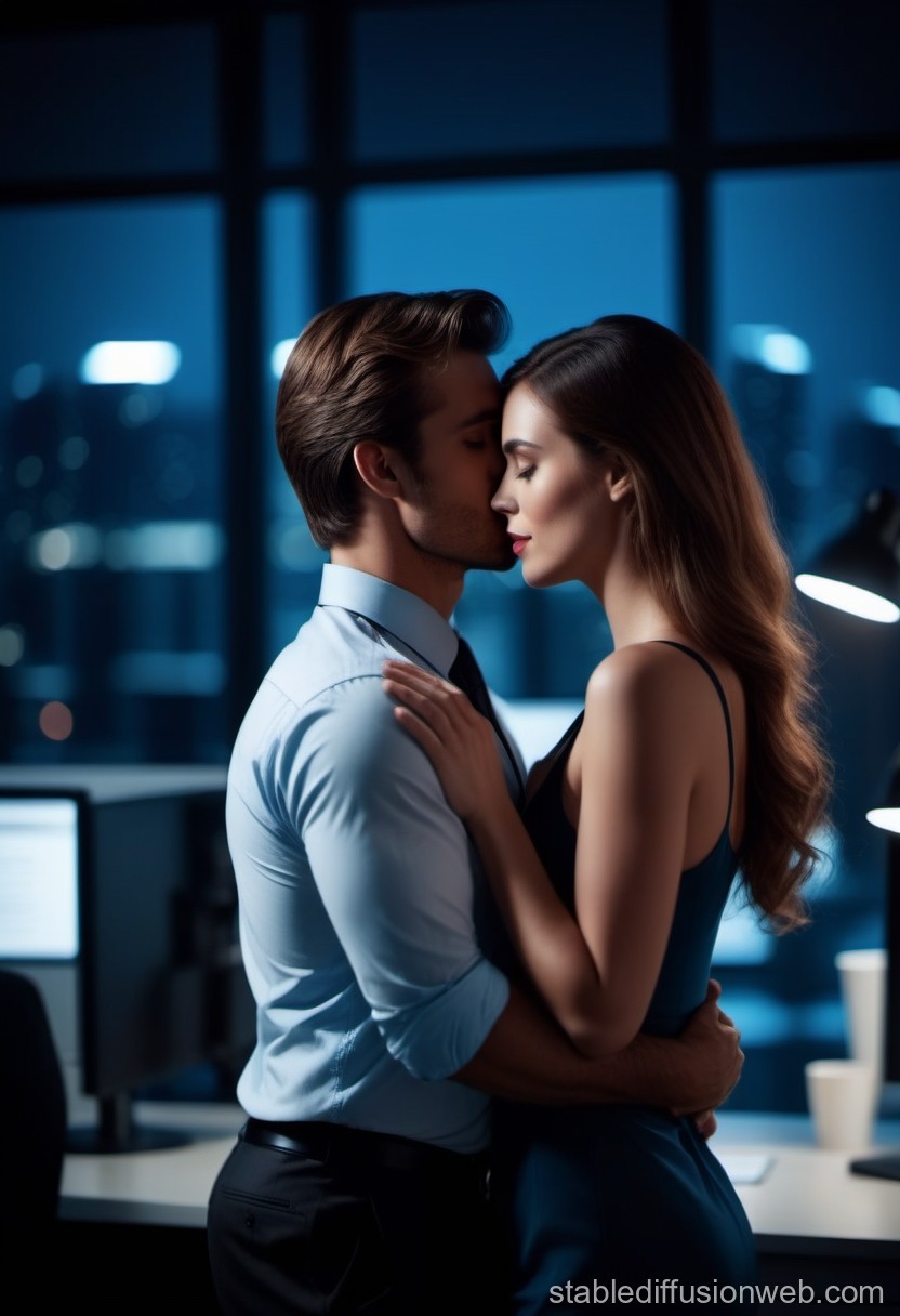 Romantic Embrace in Office at Night