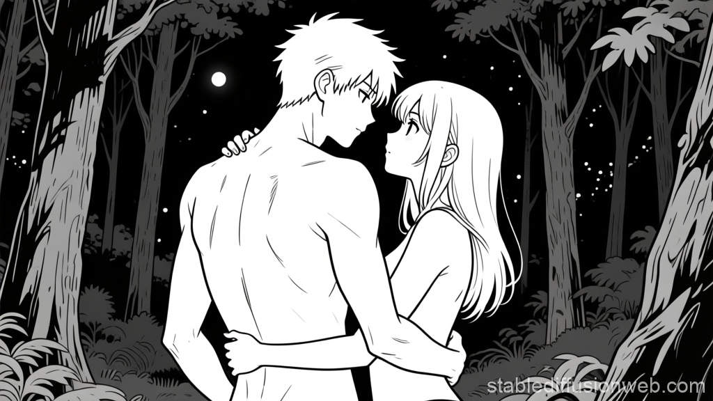 Romantic Embrace of Young Couple in Moonlit Forest