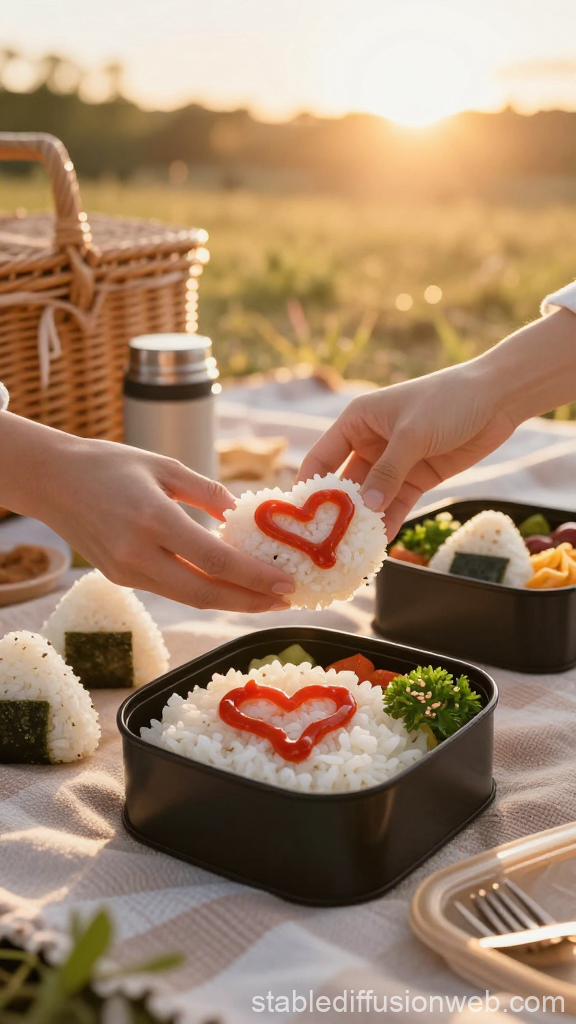 Romantic Golden Hour Bento Picnic with Heart-Shaped Rice