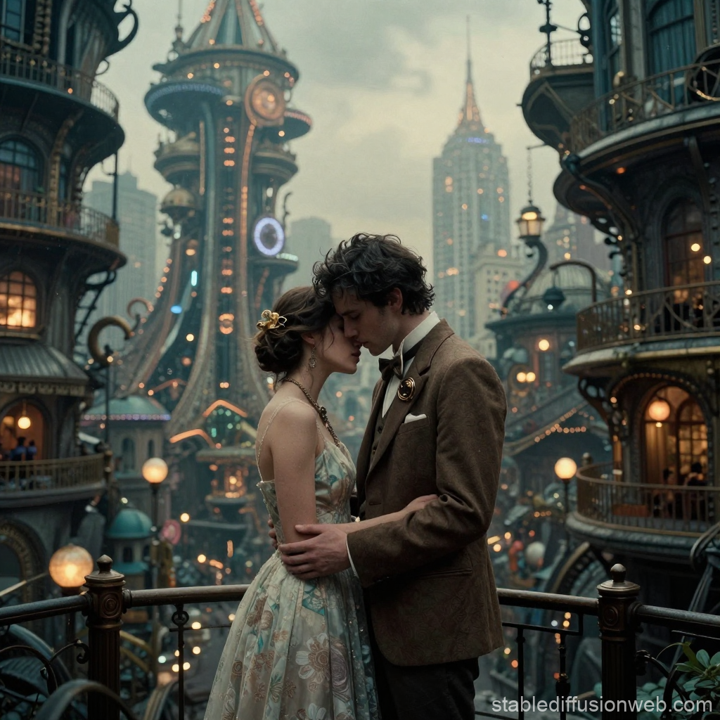 Romantic Moment in a Futuristic Steampunk City