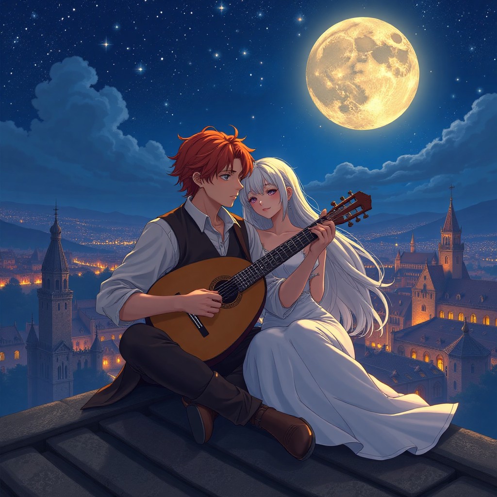 Romantic Night with Guitar Under the Full Moon